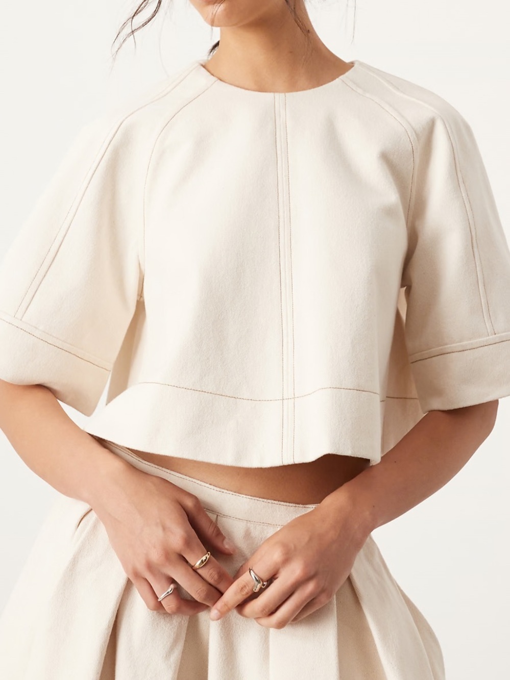 Kelsis Twill Seam Details Cropped Cream with tie back details Short Sleeve Top